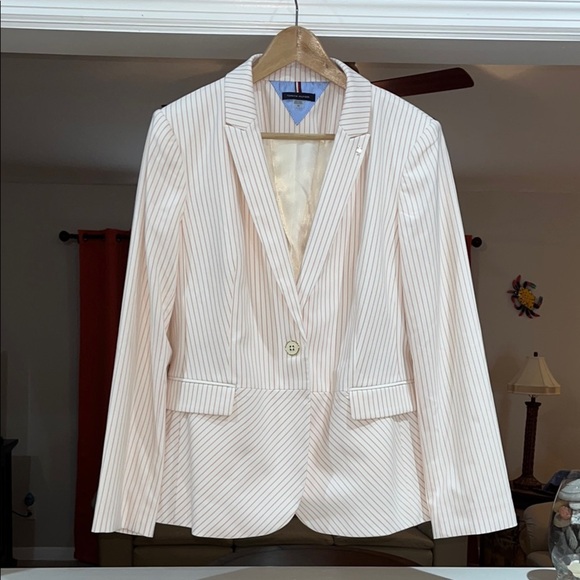 Tommy Hilfiger Off White Pink Striped One Button Blazer Career Jacket Logo Sz 16 - Picture 1 of 15